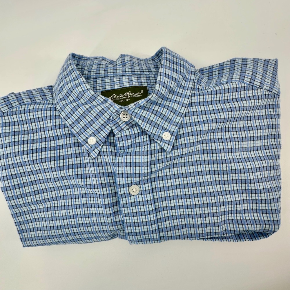 Eddie Bauer Mens Blue Plaid Seersucker Short Sleeve Button Down Shirt Size M - Picture 12 of 13